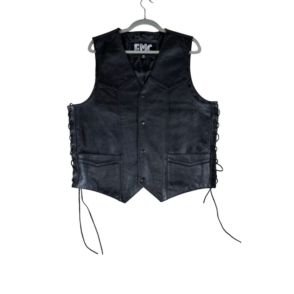 FMC Mens Black Leather Biker Vest Side Lace Snap Front M 602 Size 42